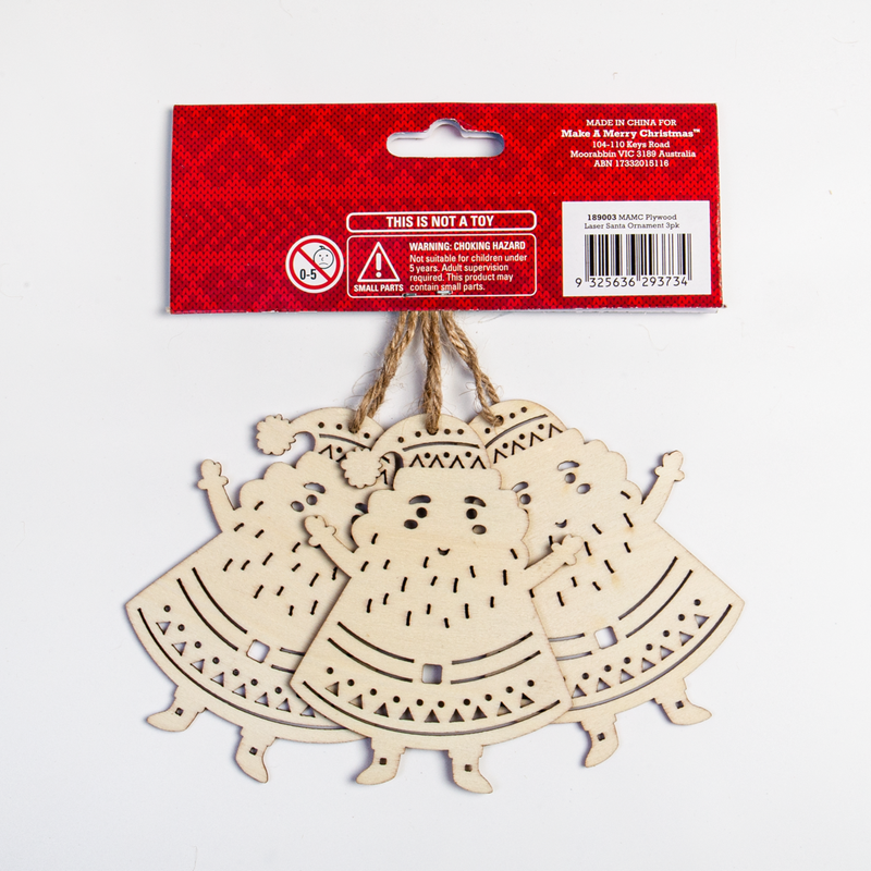 Bisque Make A Merry Christmas Plywood Laser-Cut Santa Ornament 3 Pack Christmas