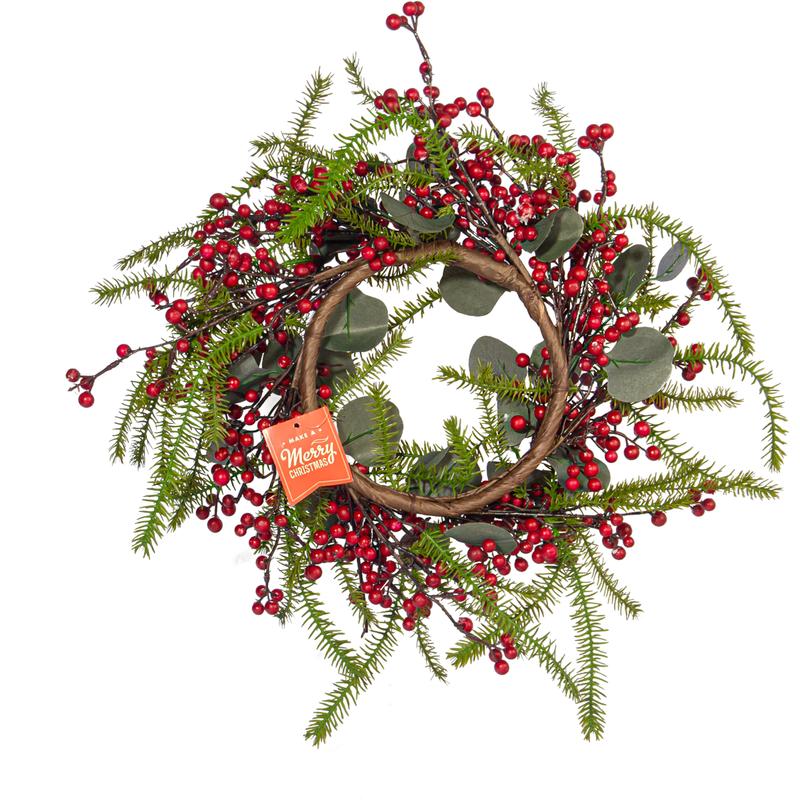 Dark Olive Green Make A Merry Christmas Round Red Berry Leaf Wreath 50cm Christmas