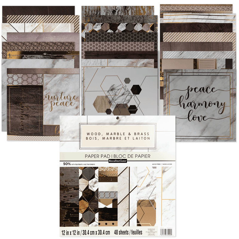 Gray Recollections Paper Pad 12x 12" 30.4 x 30.4cm 48 Sheets Wood, Marble & Brass Cardstock