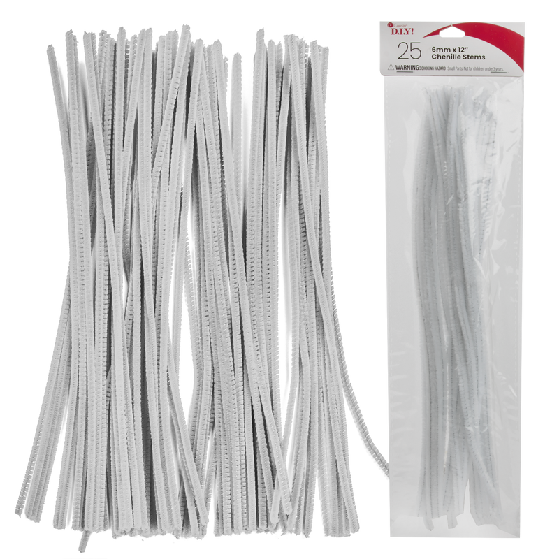 Gray White Chenille Stems 6mm x 30cm - 25 Pieces Pipe Cleaners