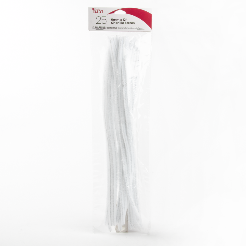 White Smoke White Chenille Stems 6mm x 30cm - 25 Pieces Pipe Cleaners