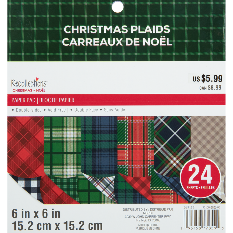 Light Gray Recollections Paper Pad 6X6 Christmas Plaids 24 Sheets Christmas