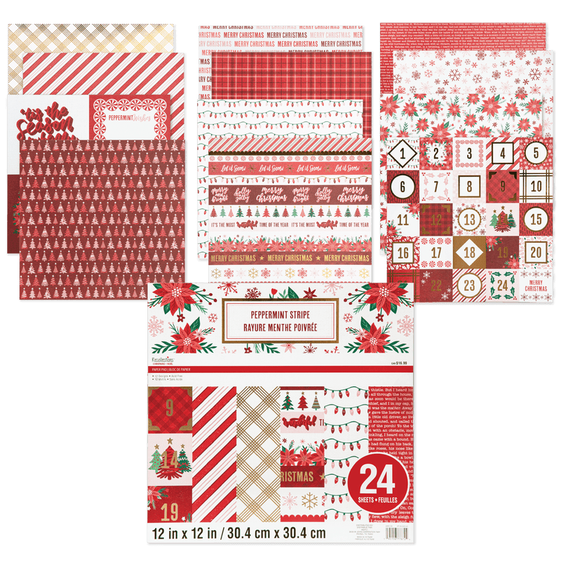 Sienna Recollections Paper Pad 12X12 Peppermint Stripe 24 Sheets Christmas