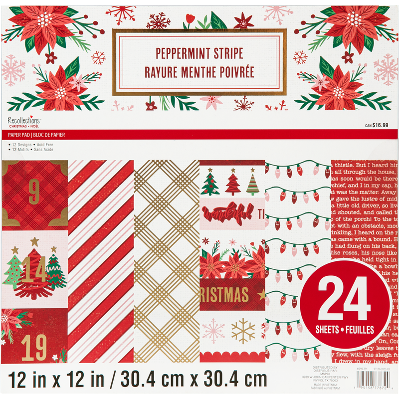 Firebrick Recollections Paper Pad 12X12 Peppermint Stripe 24 Sheets Christmas
