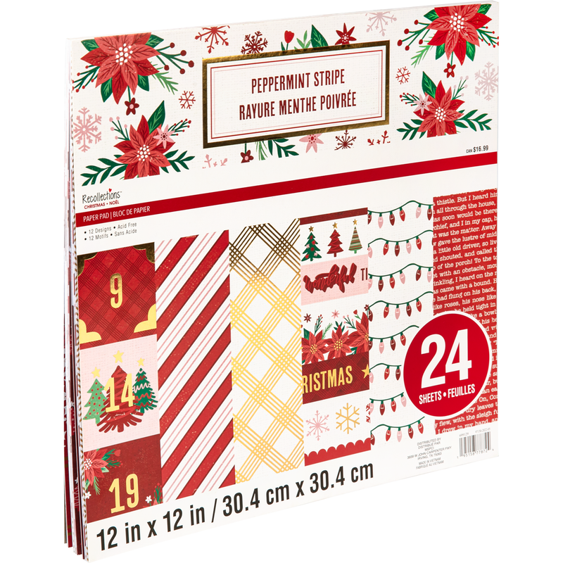 Firebrick Recollections Paper Pad 12X12 Peppermint Stripe 24 Sheets Christmas