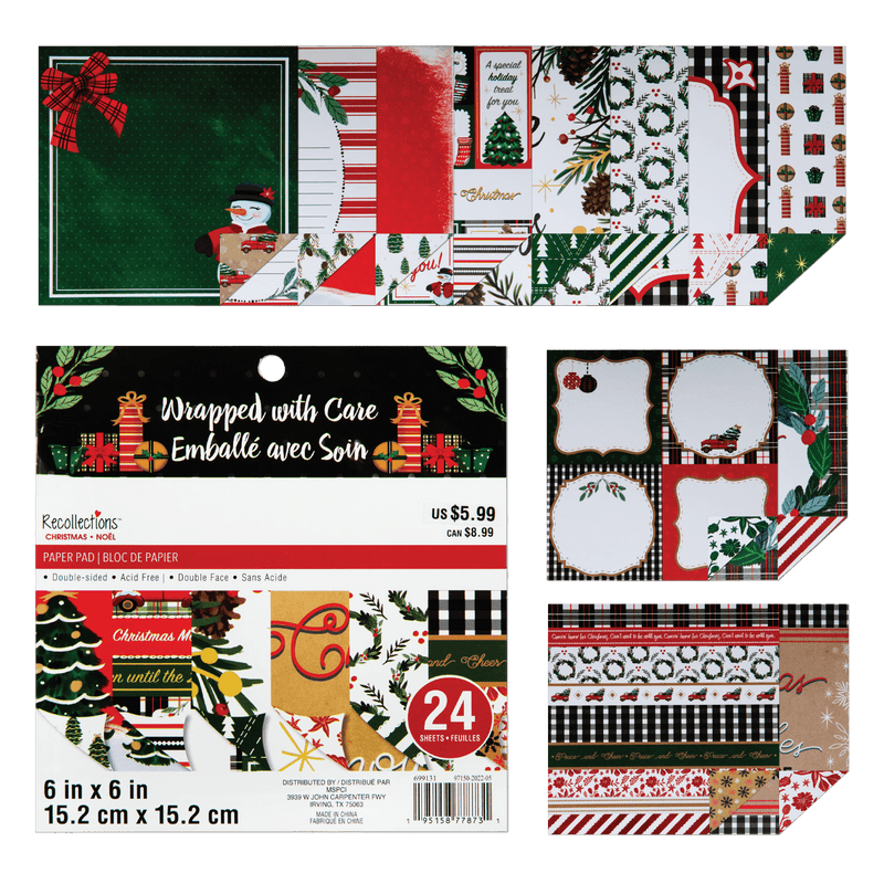 Black Recollections Paper Pad 6X6 Wrapped With Care 24 Sheets Christmas