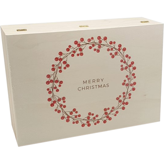Gray Wooden Keepsake Christmas Box With Printed Wreath Christmas