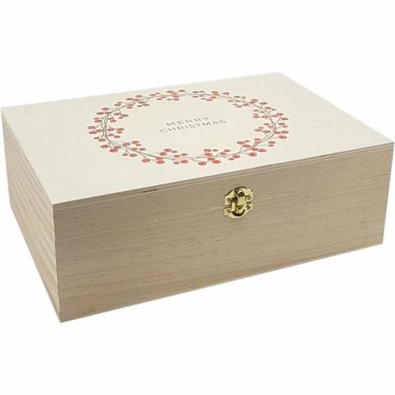 Rosy Brown Wooden Keepsake Christmas Box With Printed Wreath Christmas