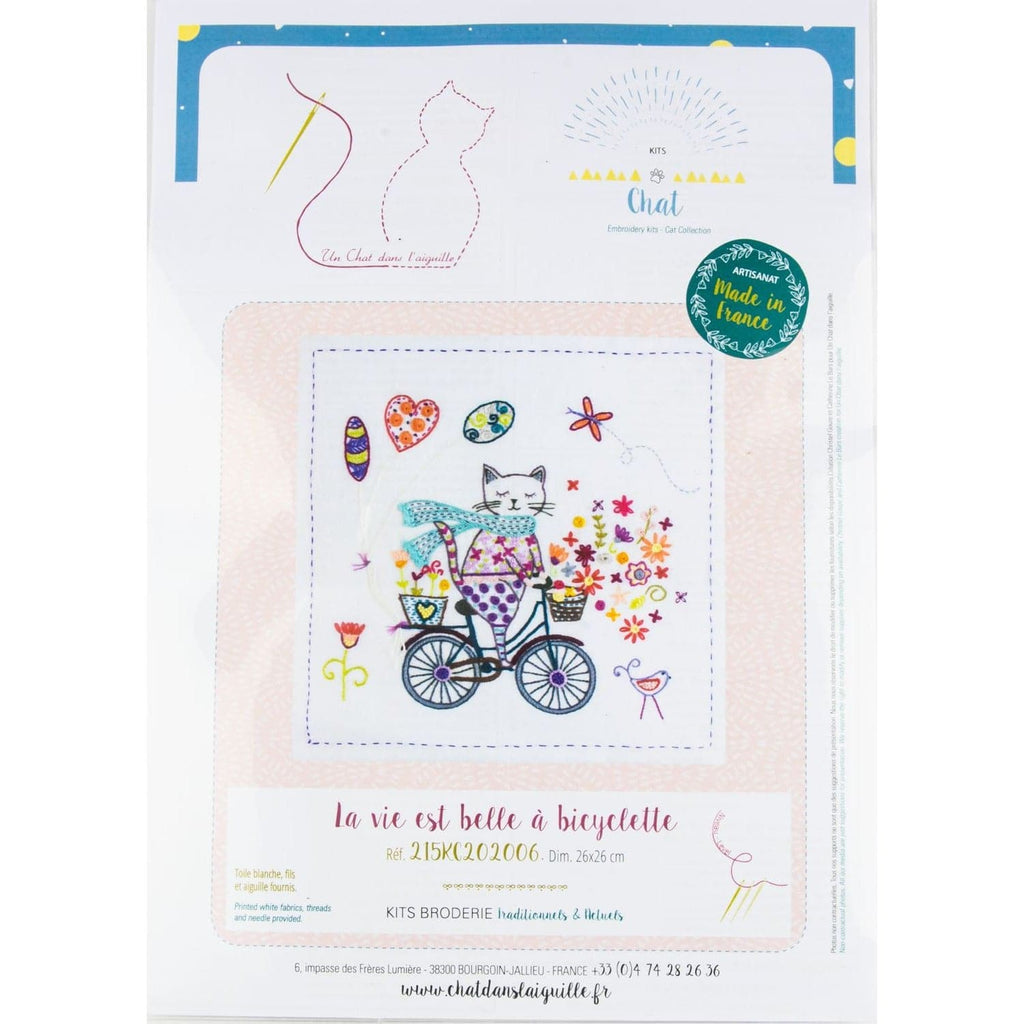 French Hand Embroidery Kit - Cat's Life is Good on a Bicycle