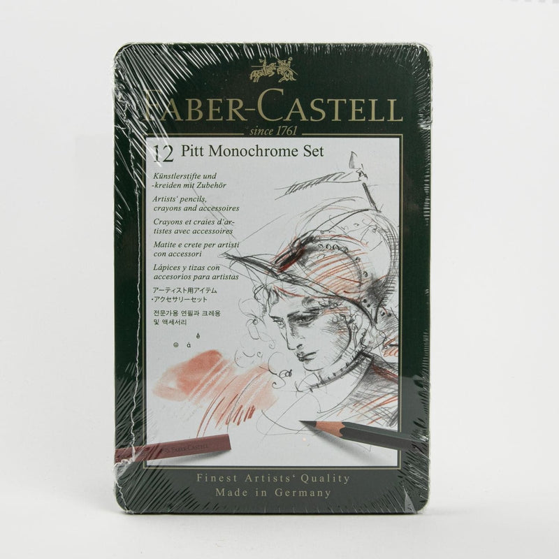 Gray Faber Castell Pitt Mixed Media Set, Monochrome – Tin of 12 Pastels & Charcoal