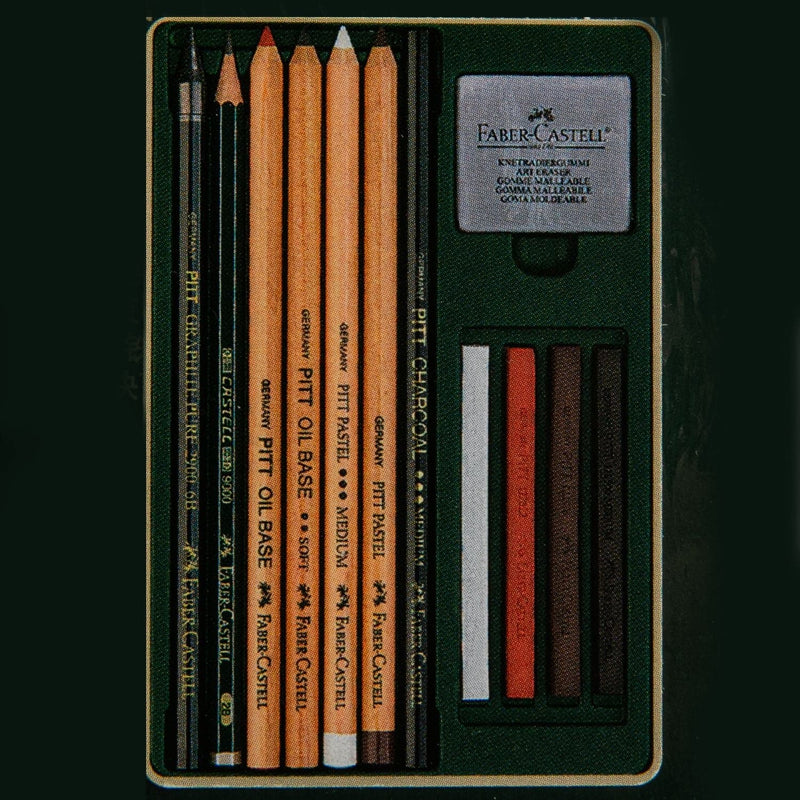 Sienna Faber Castell Pitt Mixed Media Set, Monochrome – Tin of 12 Pastels & Charcoal