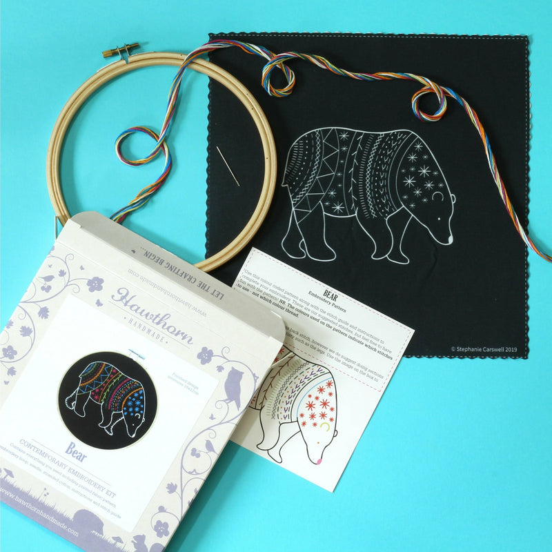 White Smoke Hawthorn Handmade Black Bear Embroidery Kit Needlework Kits