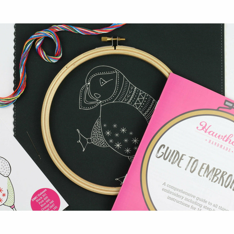 Hot Pink Hawthorn Handmade Black Puffin Embroidery Kit Needlework Kits