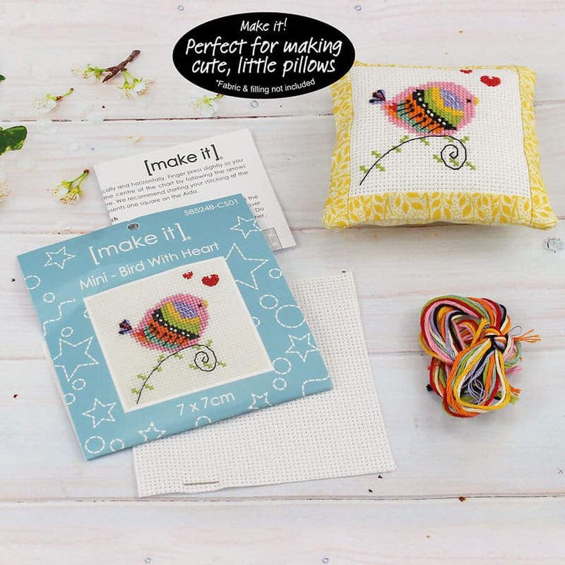 Light Gray Make It Cross Stitch Kit Mini Kit Bird with Heart 7x7cm Needlework Kits