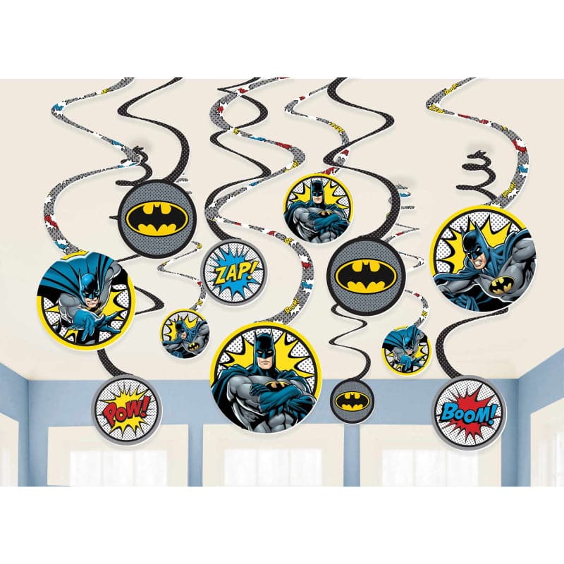 Light Gray Batman Heroes Unite Spiral Swirls Hanging Decorations (12 Pieces) Party Supplies