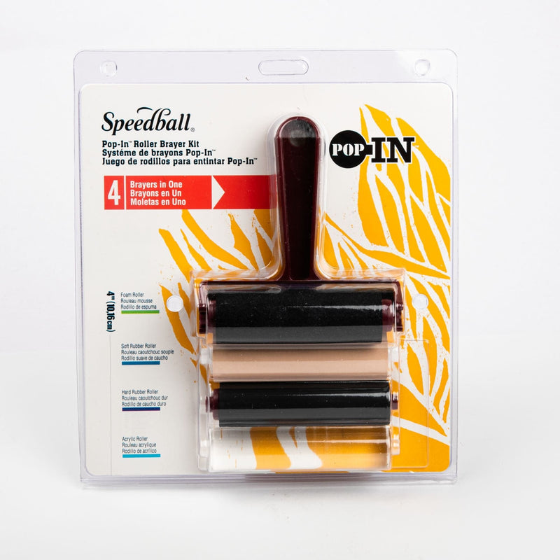 Orange Speedball Pop-In 10cm  Roller Brayer Kit-Foam, Rubber, Hard Rubber & Acrylic Block & Lino Printing