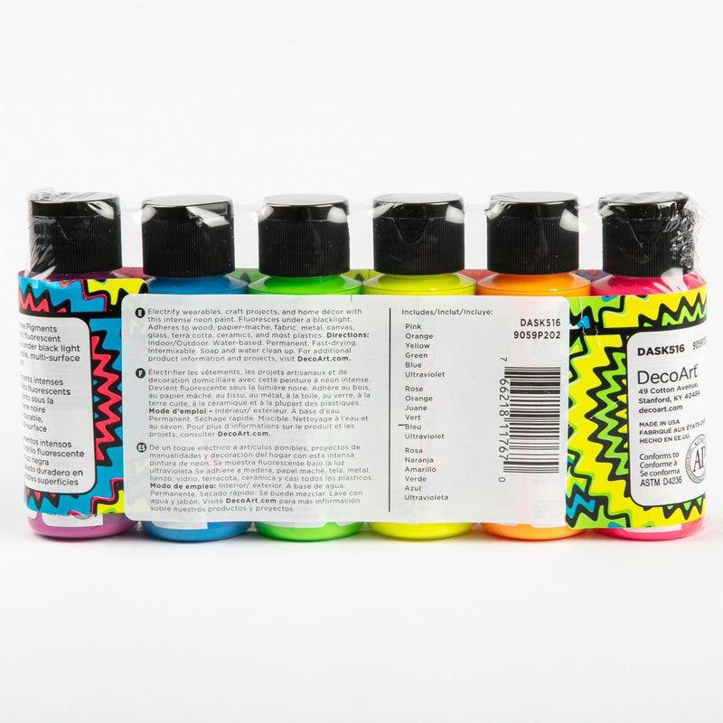 White Smoke DecoArt Black Light Neon Acrylic Paint Pack 6/Pkg- Neon/UV and Black Light Paint