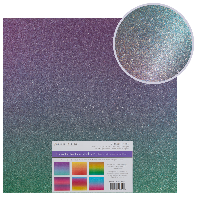 Dim Gray MultiCraft Glam Glitter Cardstock-Ombre Brights 30.5x30.5cm, 190gsm, 4x6 Colours (24 Sheets) Paper Craft