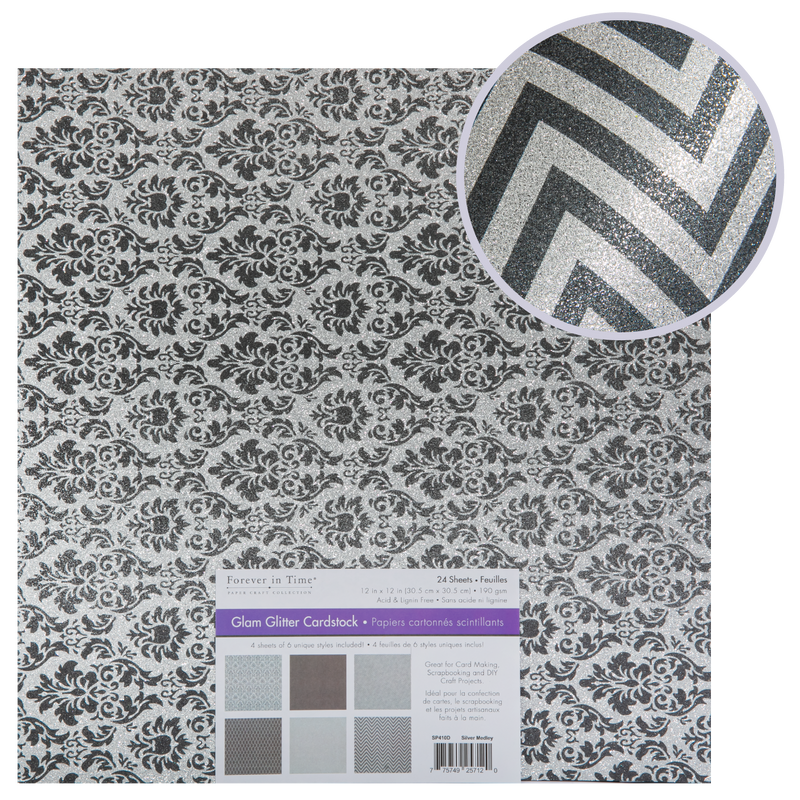 Gray MultiCraft Glam Glitter Cardstock-Silver Medley 30.5x30.5cm, 190gsm, 4x6 Colours (24 Sheets) Paper Craft