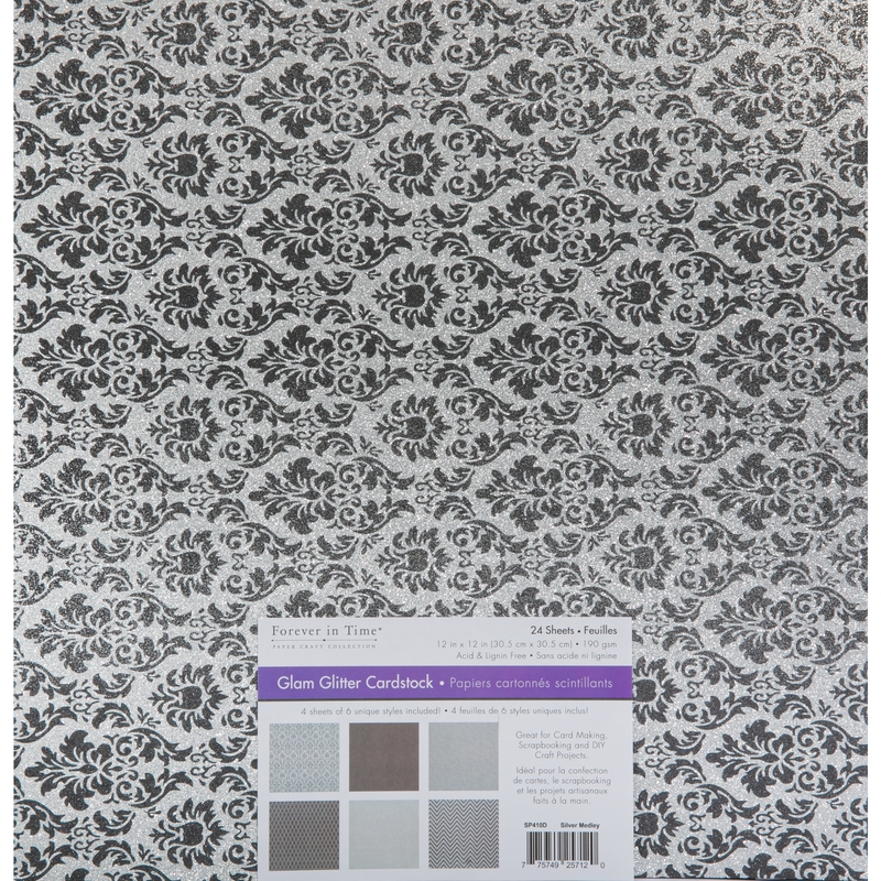 Gray MultiCraft Glam Glitter Cardstock-Silver Medley 30.5x30.5cm, 190gsm, 4x6 Colours (24 Sheets) Paper Craft