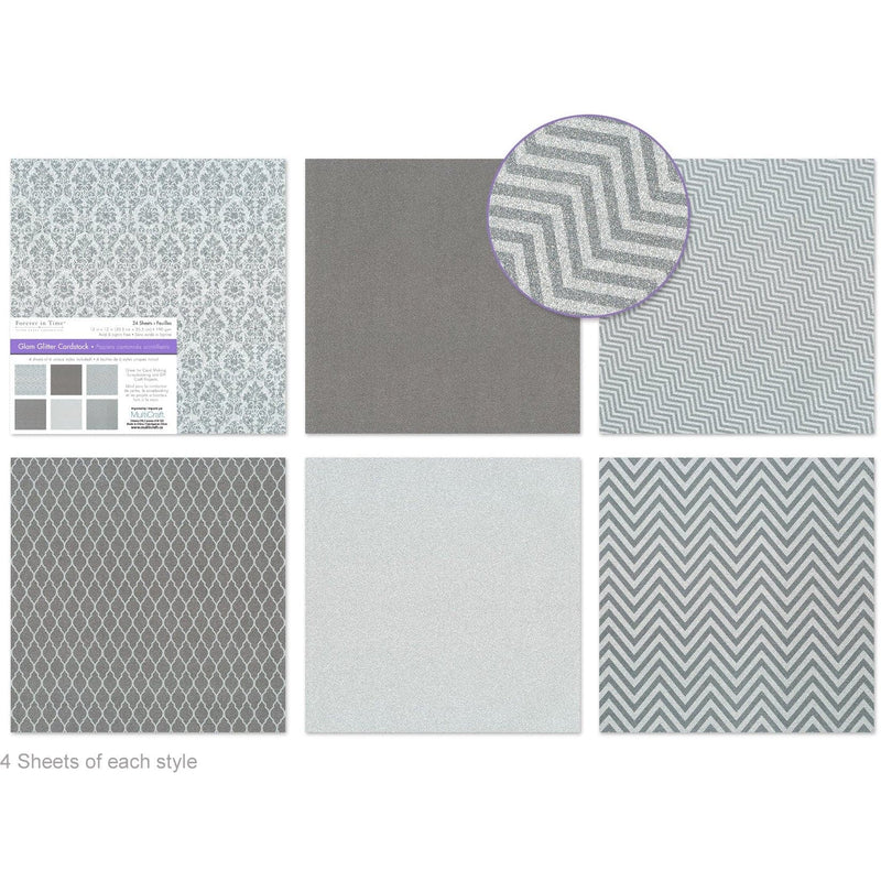 Dark Gray MultiCraft Scrapbook Paper: Glam Glitter Cardstock-Silver Medley 15.2x15.2cm, 190gsm, 6 Colours (12 Sheets) Paper Craft