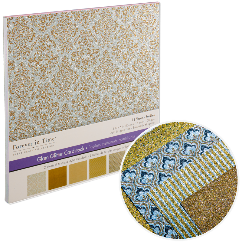 Gray MultiCraft Scrapbook Paper: Glam Glitter Cardstock-Gold Medley 15.2x15.2cm, 190gsm, 6 Colours (12 Sheets) Paper Craft