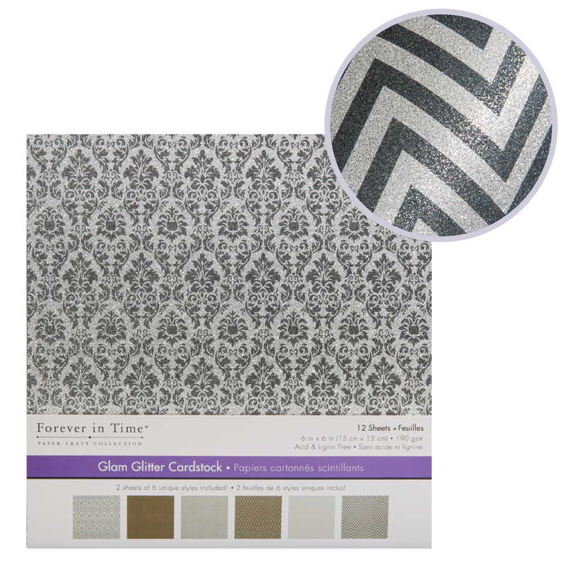 Gray MultiCraft Scrapbook Paper: Glam Glitter Cardstock-Silver Medley 15.2x15.2cm, 190gsm, 6 Colours (12 Sheets) Paper Craft