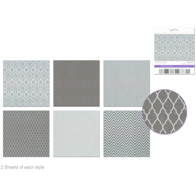 Dark Gray MultiCraft Scrapbook Paper: Glam Glitter Cardstock-Silver Medley 15.2x15.2cm, 190gsm, 6 Colours (12 Sheets) Paper Craft