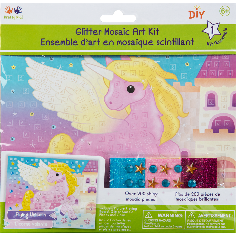 Light Gray MultiCraft Krafty Kids Kit: DIY Glitter Mosaic Art Kit With Gems-Flying Unicorn Craft Basics