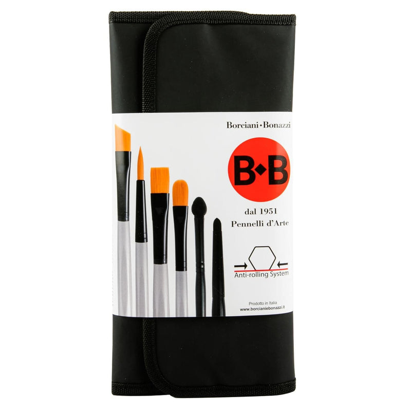 Orange Red Borciani 12 ANTI-ROLLING HEXAGONAL BRUSHES SET, GOLD SYNTHETIC,ANODIZED ALUMINIUM FERRULE, SHORT SHAPED HANDLE Paint Brushes