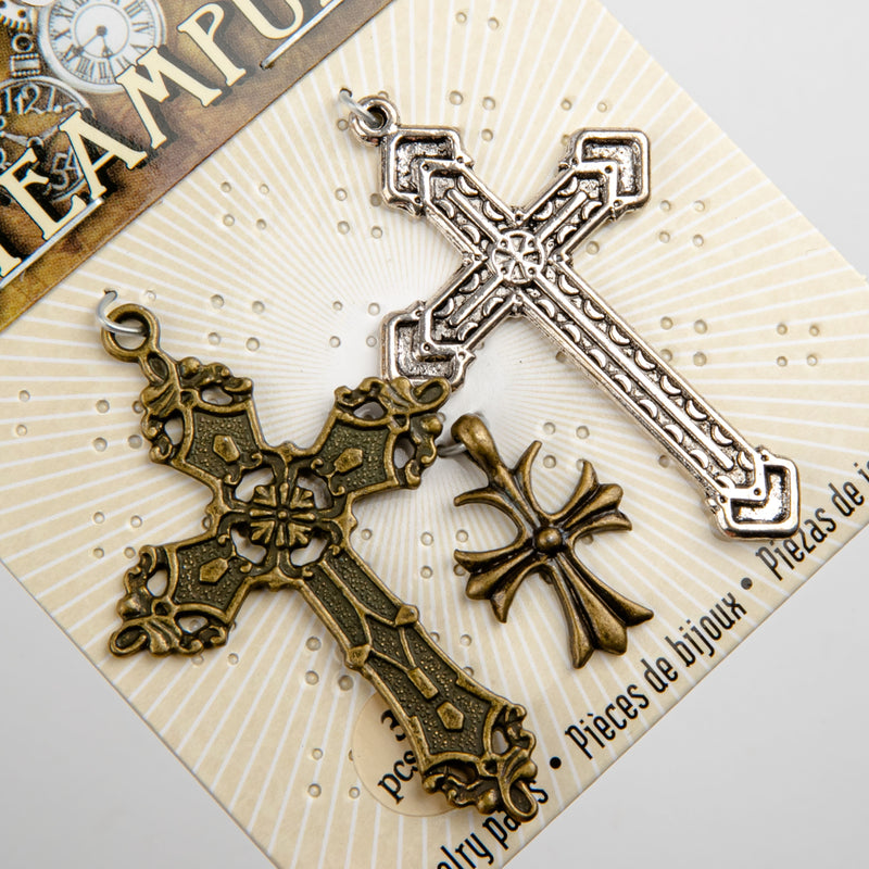 Dark Olive Green STEAMPUNK Cross Charms Assorted Colours 3pc Beading