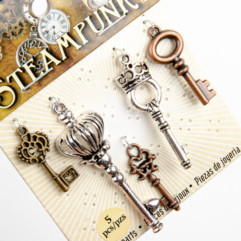 Gray STEAMPUNK Small Key Charms Assorted Colours 5pc Beading