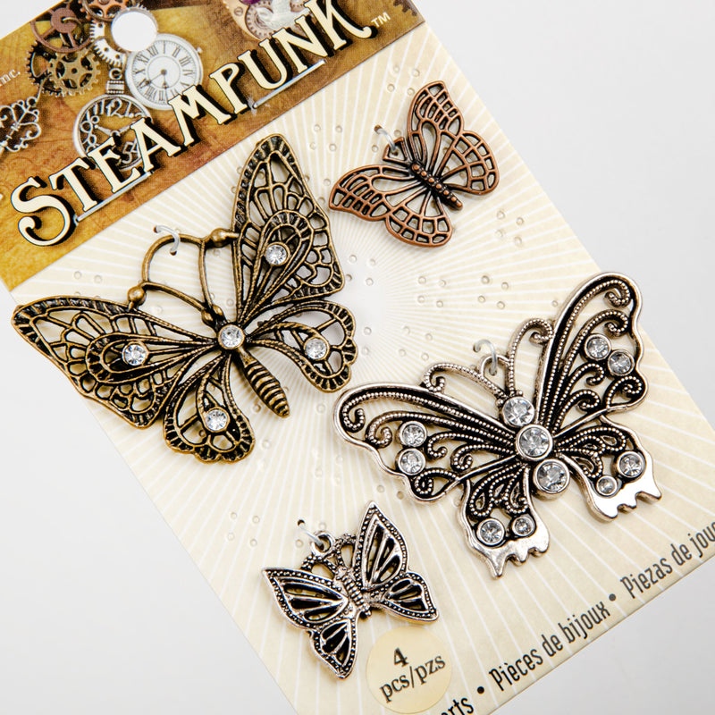 Dark Olive Green STEAMPUNK Butterflies Charms 4pc Beading