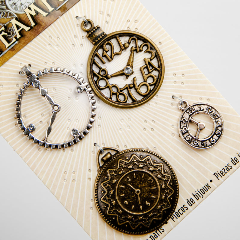 Dark Olive Green STEAMPUNK Clock Charms 4pc Beading