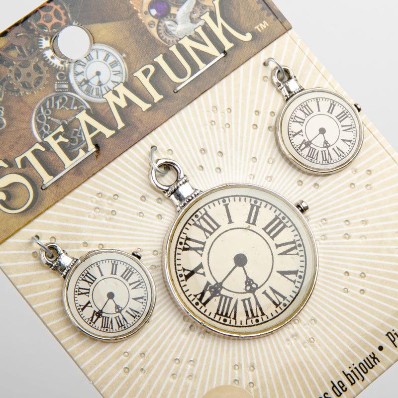 Antique White STEAMPUNK Clock Charms II 3pc Beading