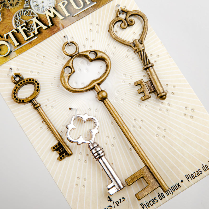 Beige STEAMPUNK Large Key Charms Assorted Colours 4pc Beading