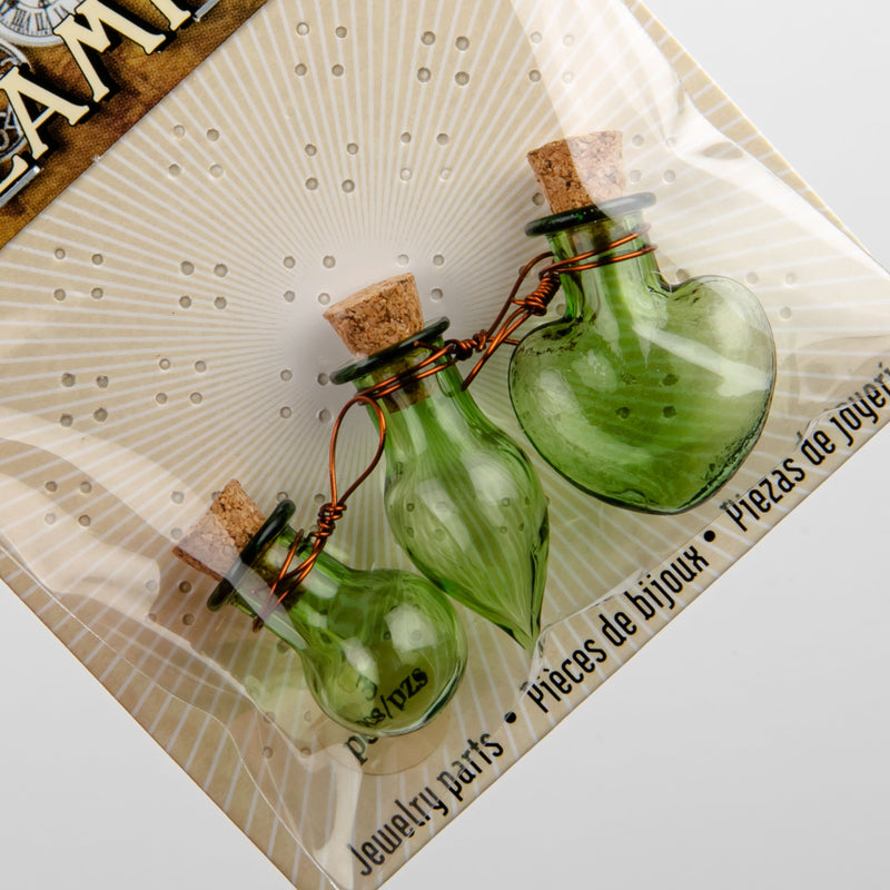 Olive Drab STEAMPUNK Fancy Green Bottle Charms 3pc Beading