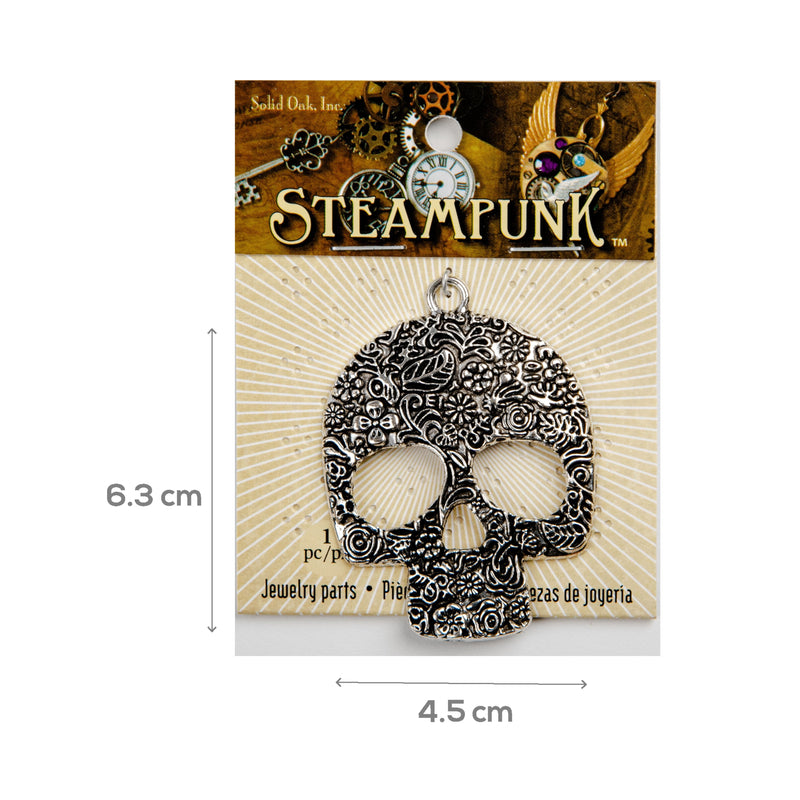 Gray STEAMPUNK Large Floral Skull Pendant Antique Silver 1pc Beading