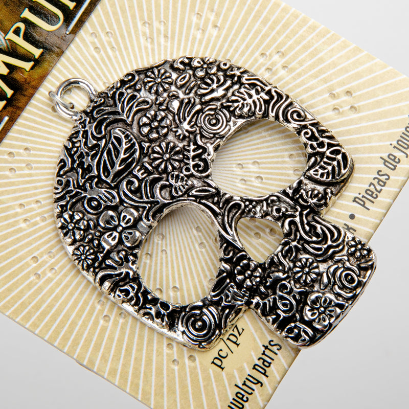 Tan STEAMPUNK Large Floral Skull Pendant Antique Silver 1pc Beading