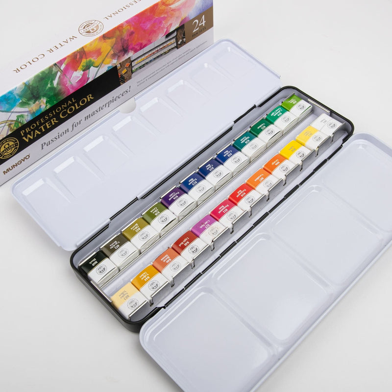 MUNGYO Professional Half Pans Size Watercolors Set (incl watercolor Tin  Case 12 colors, Set of 4 Water Brush Pen, Watercolor Postcard Pad A6  20sheets)