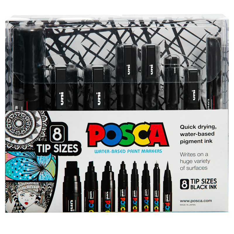 Dark Slate Gray Posca  Paint Marker Assorted Nib Set  Black Pack  8 Pens and Markers