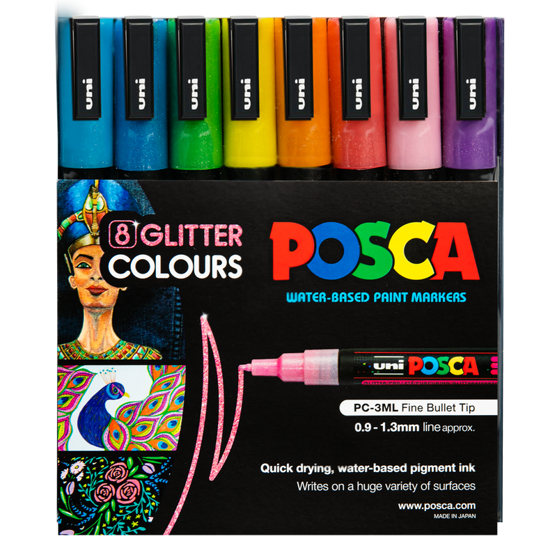 Black Posca   Paint Marker PC3M Posca  Glitter Colour Assorted Pack 8 Pens and Markers