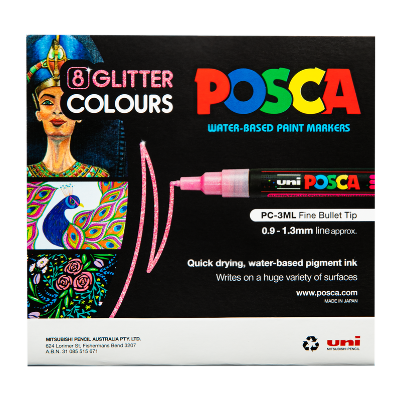 Black Posca   Paint Marker PC3M Posca  Glitter Colour Assorted Pack 8 Pens and Markers