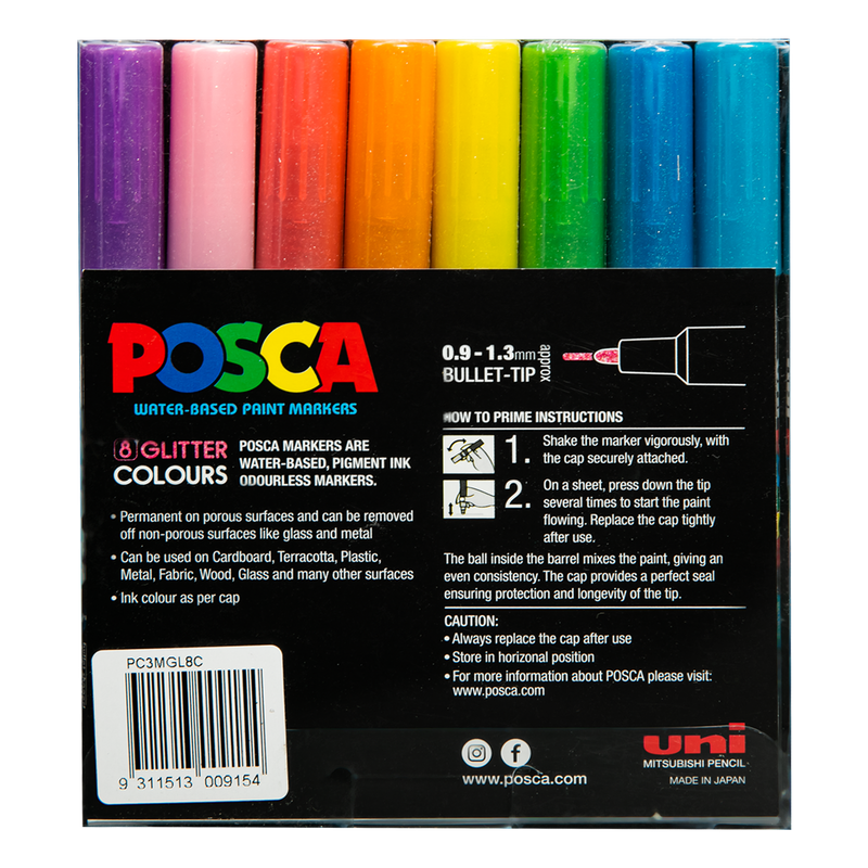 Black Posca   Paint Marker PC3M Posca  Glitter Colour Assorted Pack 8 Pens and Markers