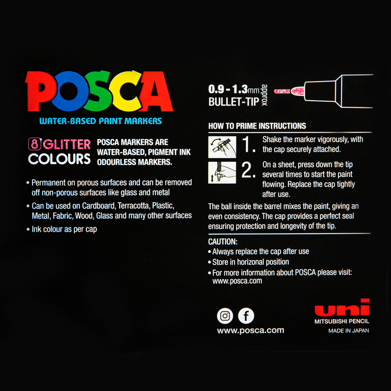 Black Posca   Paint Marker PC3M Posca  Glitter Colour Assorted Pack 8 Pens and Markers