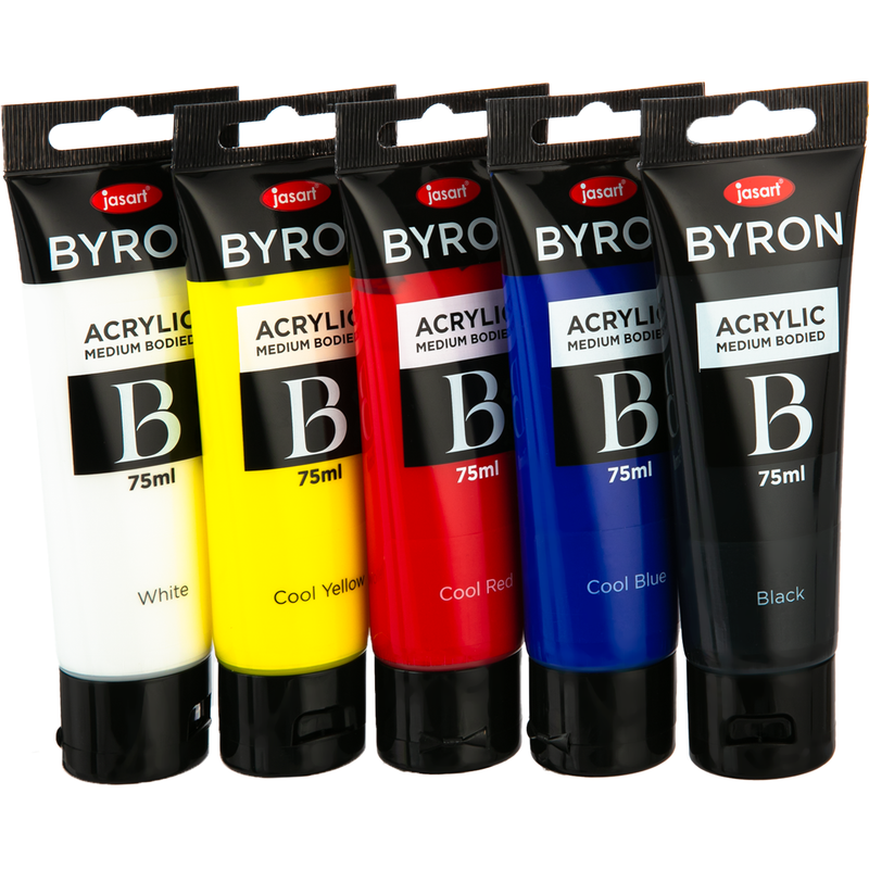 Black Jasart Byron Acrylic Paint Primary Colour Set of 5 x 75mL tubes - Cool Selection Acrylic Paints