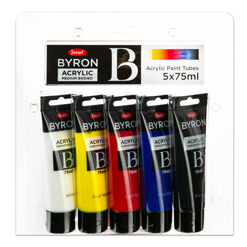 Black Jasart Byron Acrylic Paint Primary Colour Set of 5 x 75mL tubes - Cool Selection Acrylic Paints