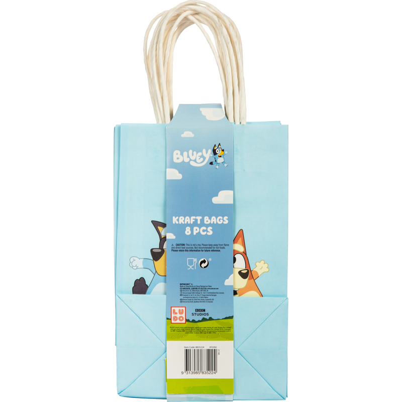 Powder Blue Bluey Paper Kraft Bags 21cm (8 Pack) Party Supplies