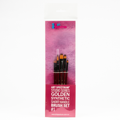 Misty Rose Art Spectrum Studio Series Golden Synthetic Short Handle Brush #1  - Set Of 6 Brushes: Round 2, 4, 8 & Flat 2, 4, 6 Paint Brushes