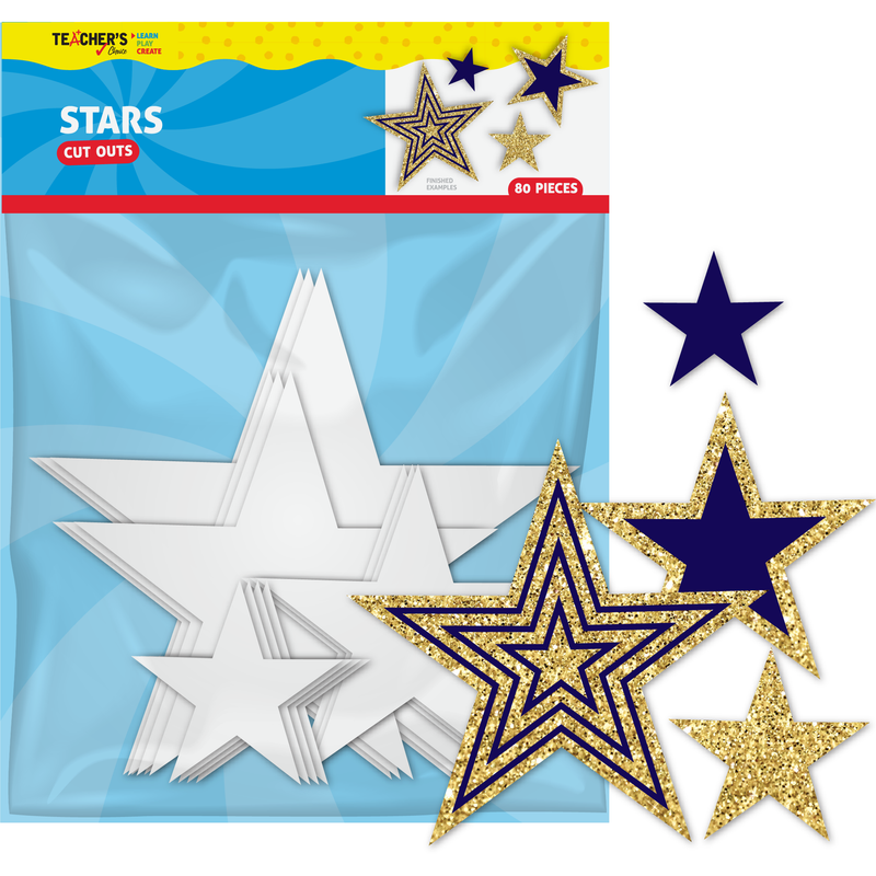 Sky Blue Teacher's Choice Star Cut Outs White 4 Sizes 80 Piece Kids Paper Shapes